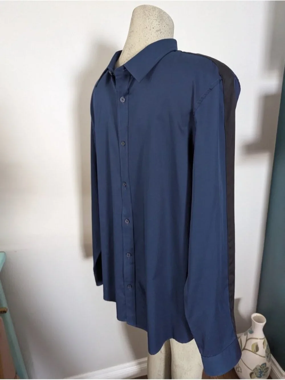 New Calvin Klein Blue Dress Shirt Black Military Stripe Sleeve 100% cotton Sz L